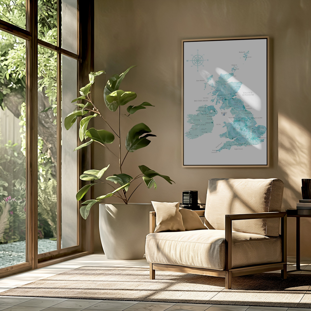 Canvas schilderi - Aquamarine watercolor map of the United Kingdom in de woonkamer