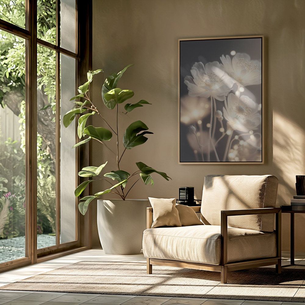 Toile - White Glowing Flowers dans le salon