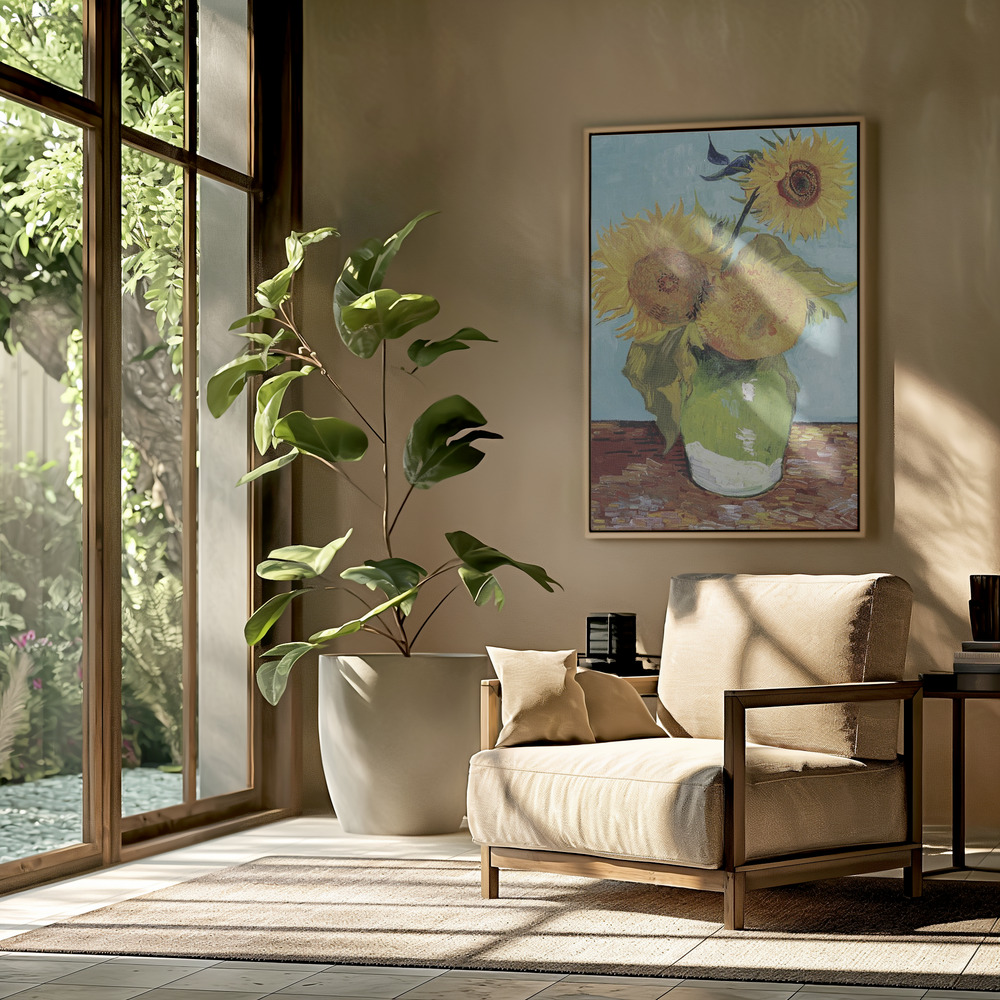 Leinwandbild - Vase With Three Sunflowers in der Wohnstube