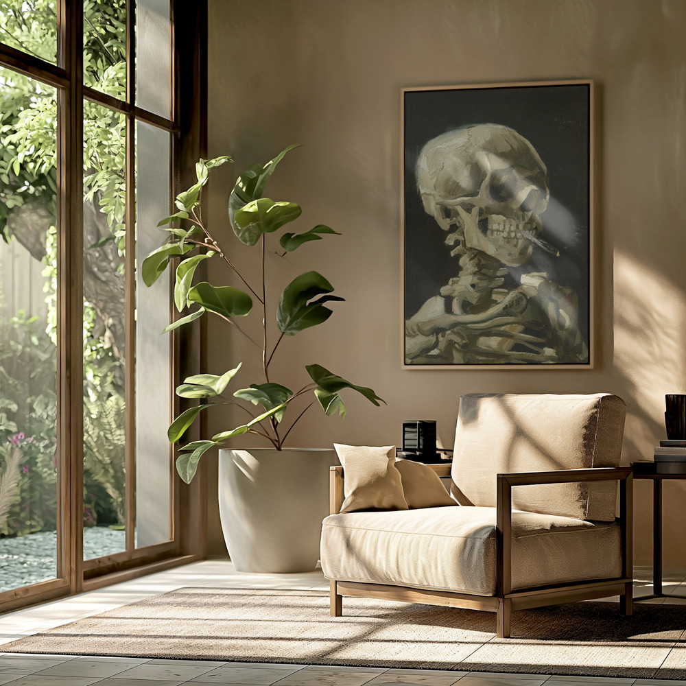 Stampe su tela - Head of a skeleton with a burning cigarette in salotto