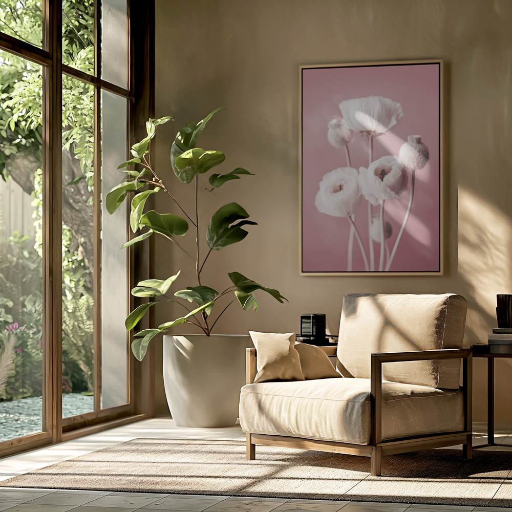 Toile - White Poppy On Pink Background dans le salon