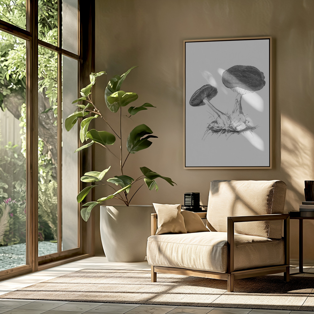 Canvas print - Vintage Violet Webcap Mushroom Bright BW in the livingroom