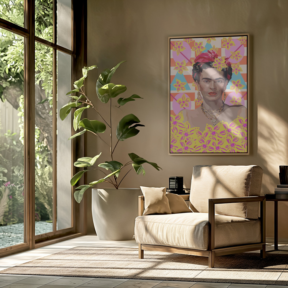 Canvas print - Frida with flowers in the livingroom