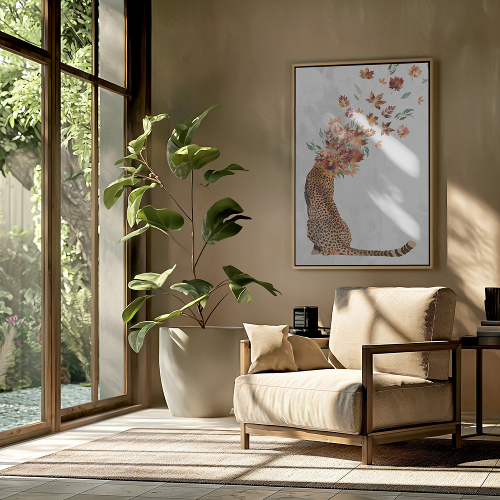 Canvas taulu - Cheetah Autumn Leaves Head olohuoneessa