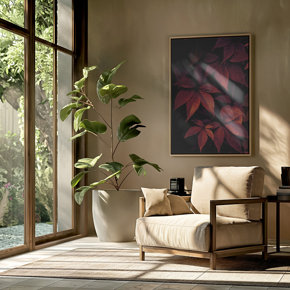 Canvas schilderi - Dark Leaves 7X in de woonkamer