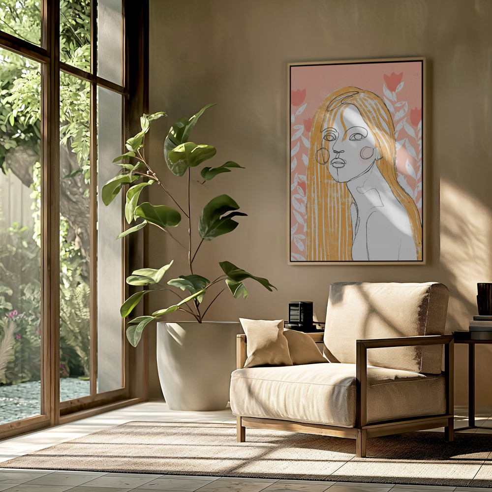Canvas schilderi - The Tulip Girl (Peach) in de woonkamer