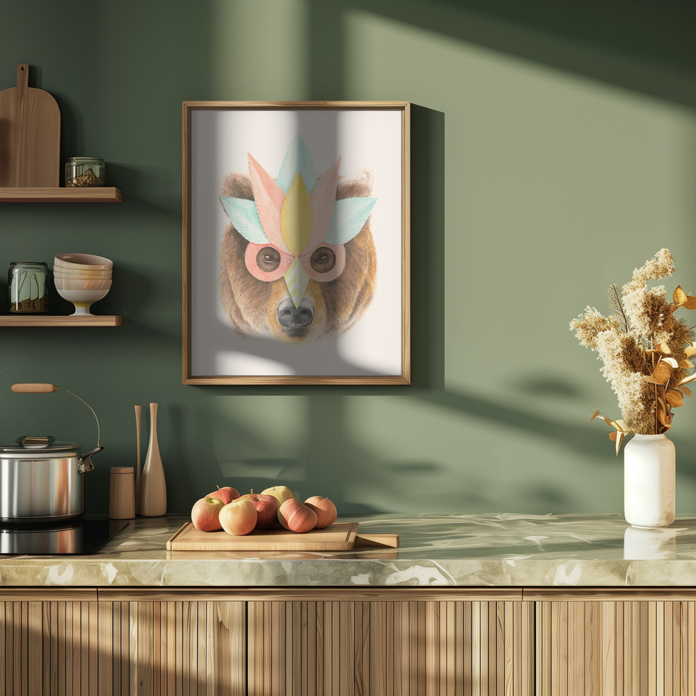 Plakat - Bear Paper Mask i køkkenet