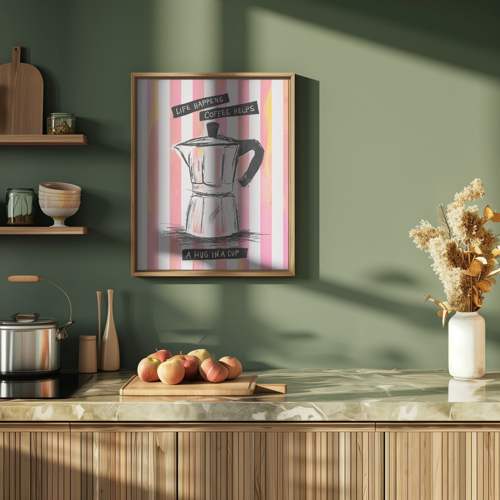 Poster Mocca Coffee on Stripes - Hug in a Cup - Affisch i köket