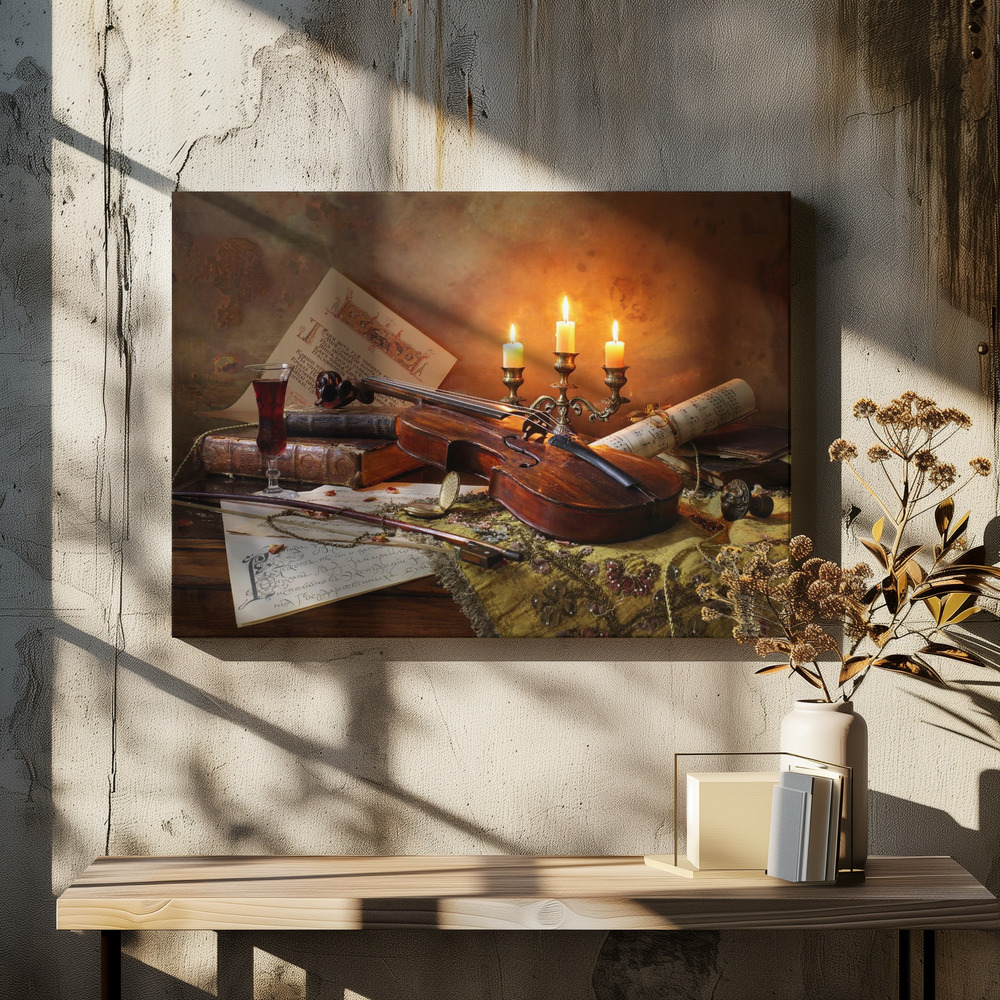 Lienzo - Still life with violin and candles sobre la mesa del comedor