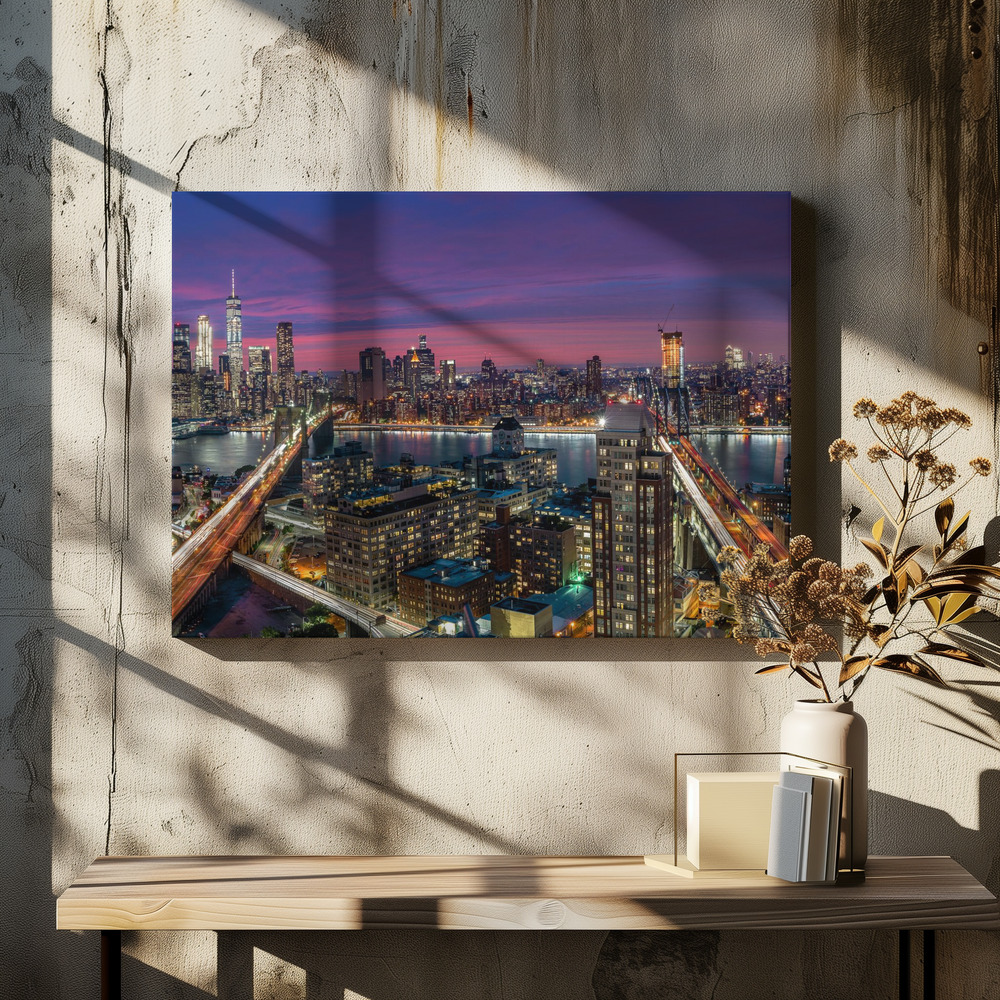 Canvas print - Manhattan skyline during beautiful sunset over dining table