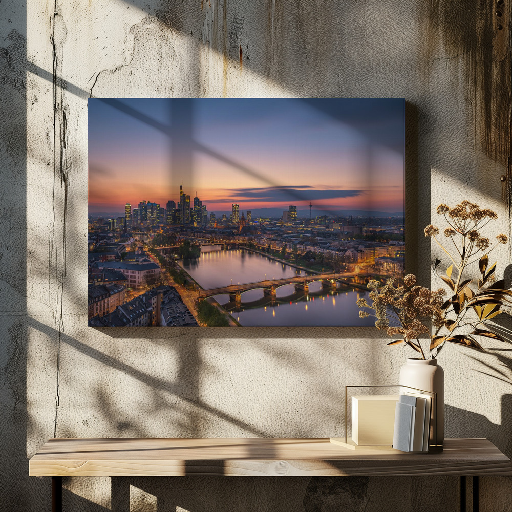 Canvas print - Frankfurt Skyline at sunset over dining table