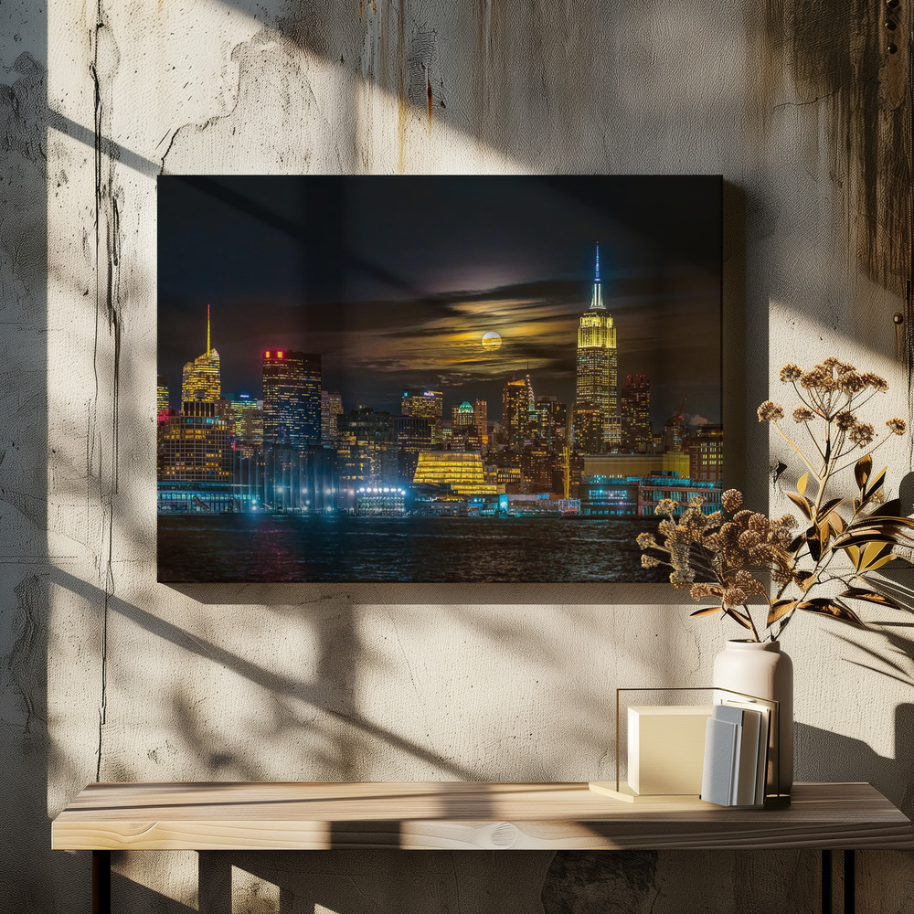 Leinwandbild - Super Blue Moon 2018, New York City über dem Esstisch