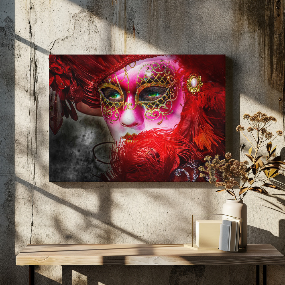 Lienzo - Green eyes and the mask sobre la mesa del comedor