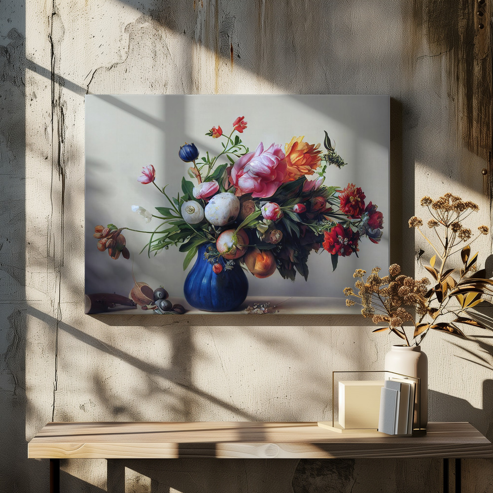 Canvastavla Flower Bouquet With Blue Vase - Tavla över matbord