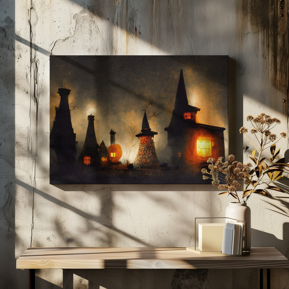 Lienzo - Village of the Witches sobre la mesa del comedor