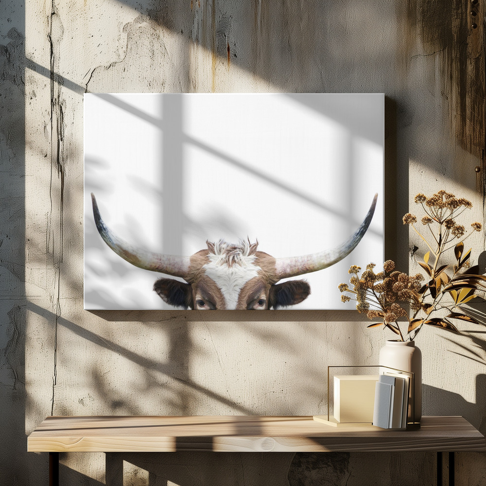 Leinwandbild - Peeking Longhorn Cow über dem Esstisch