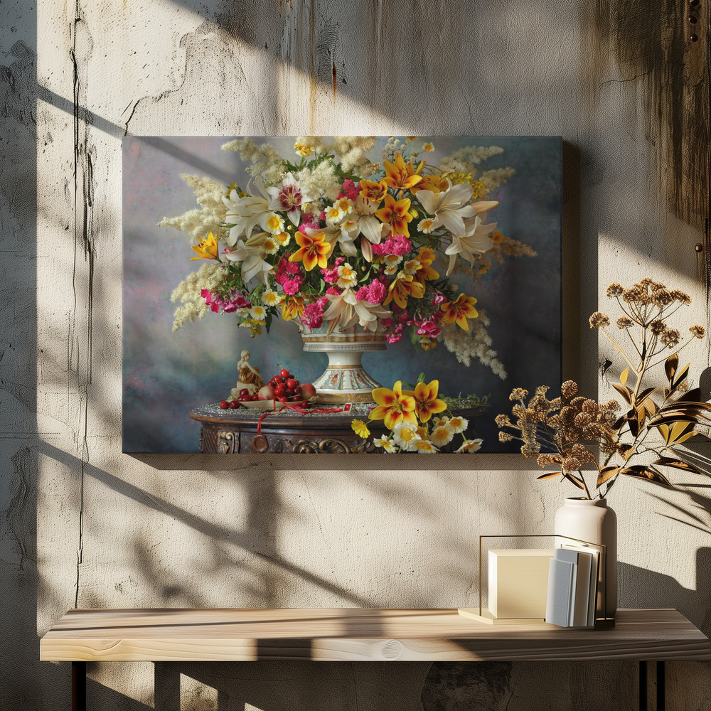 Stampe su tela - Still life with flowers sopra il tavolo da pranzo