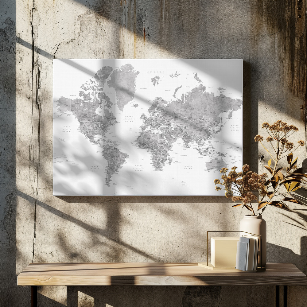 Stampe su tela - Detailed world map with cities, Jimmy sopra il tavolo da pranzo