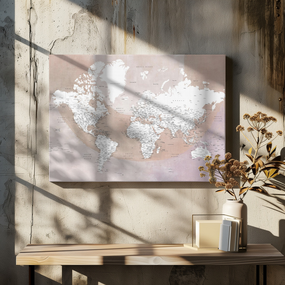 Canvastavla Detailed world map with cities Qawi - Tavla över matbord