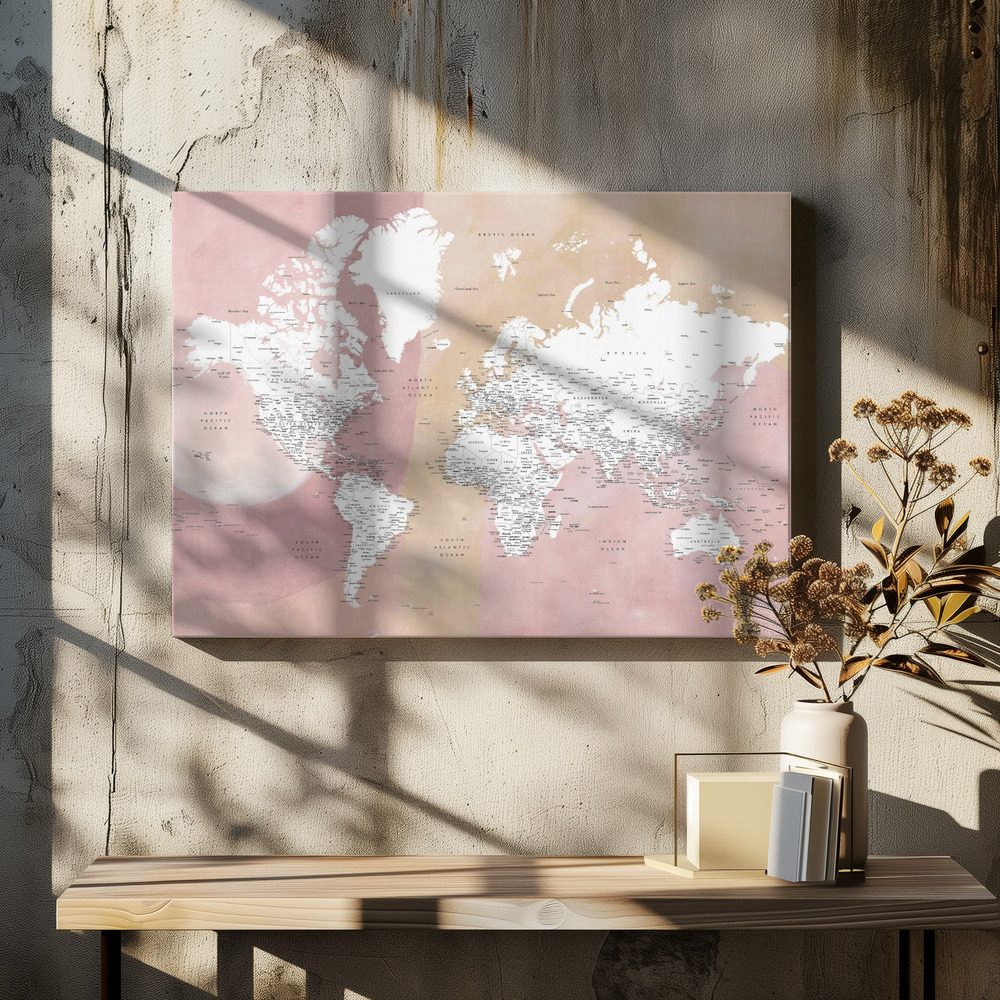 Canvas taulu - Detailed world map with cities Mizn ruokapöydän yli