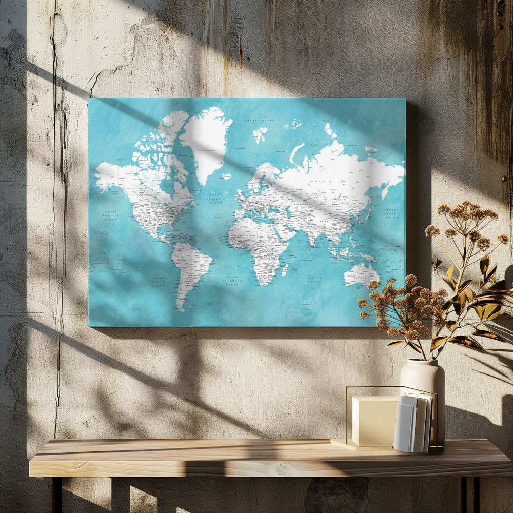 Stampe su tela - Detailed world map with cities Idrak sopra il tavolo da pranzo