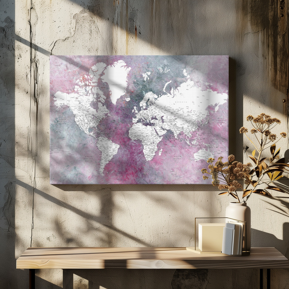 Stampe su tela - Detailed world map with cities Taliessa sopra il tavolo da pranzo