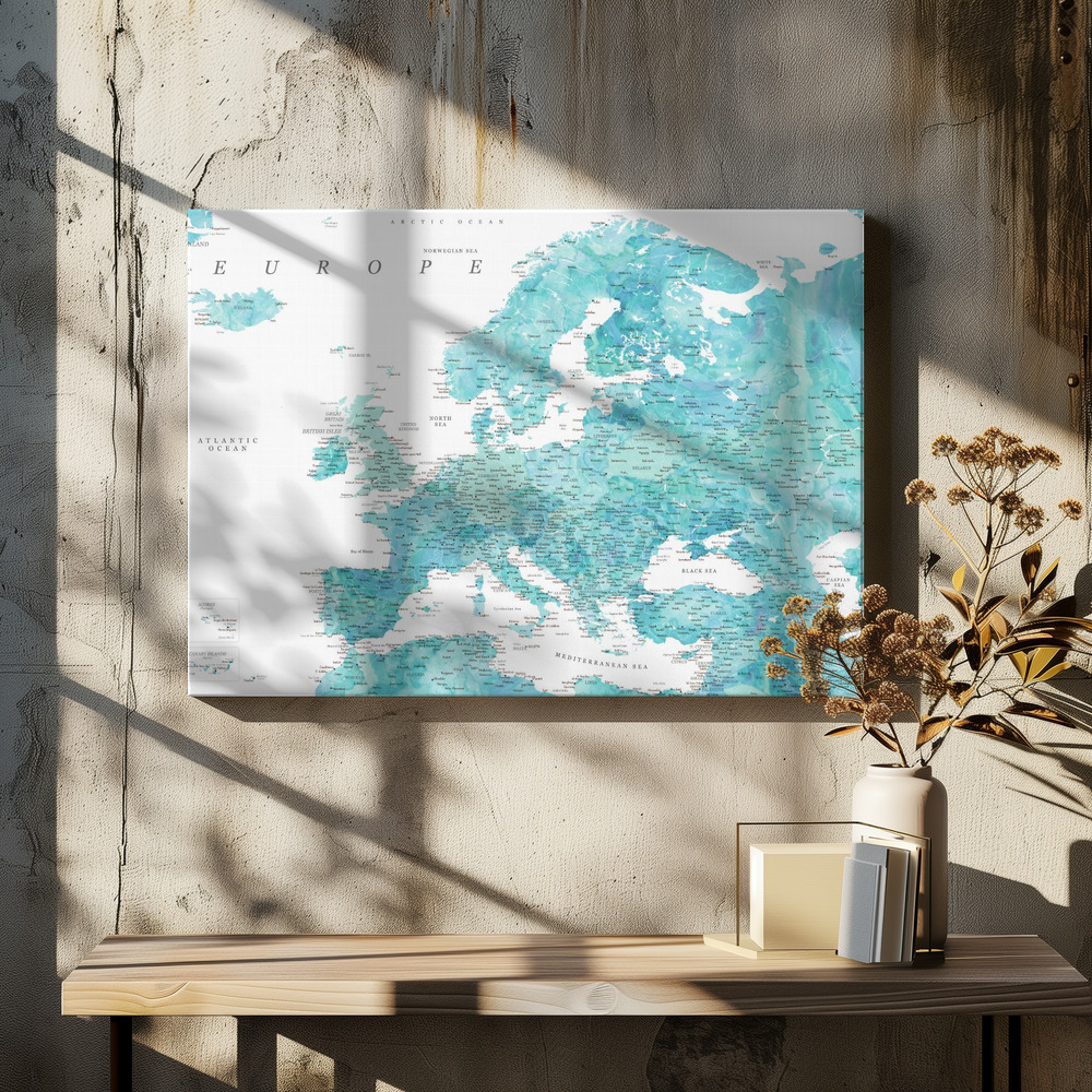 Stampe su tela - Aquamarine detailed map of Europe sopra il tavolo da pranzo