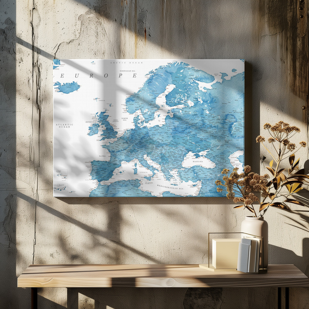 Obraz na płótnie - Blue detailed map of Europe nad stołem jadalnym