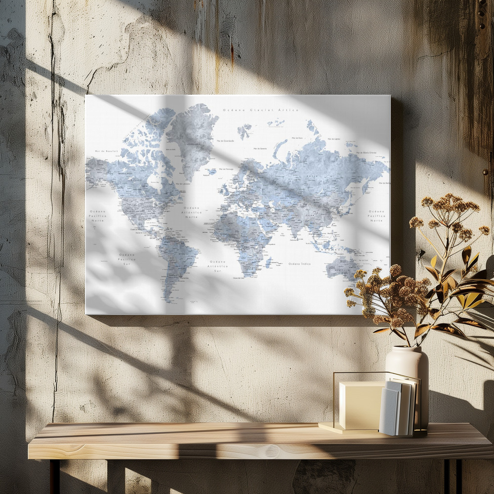 Lærred - Blue world map in Spanish over spisebordet