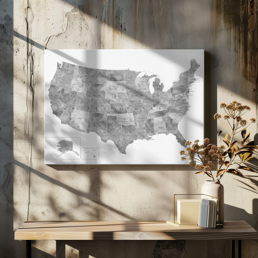Obraz na płótnie - Gray watercolor map of the US nad stołem jadalnym
