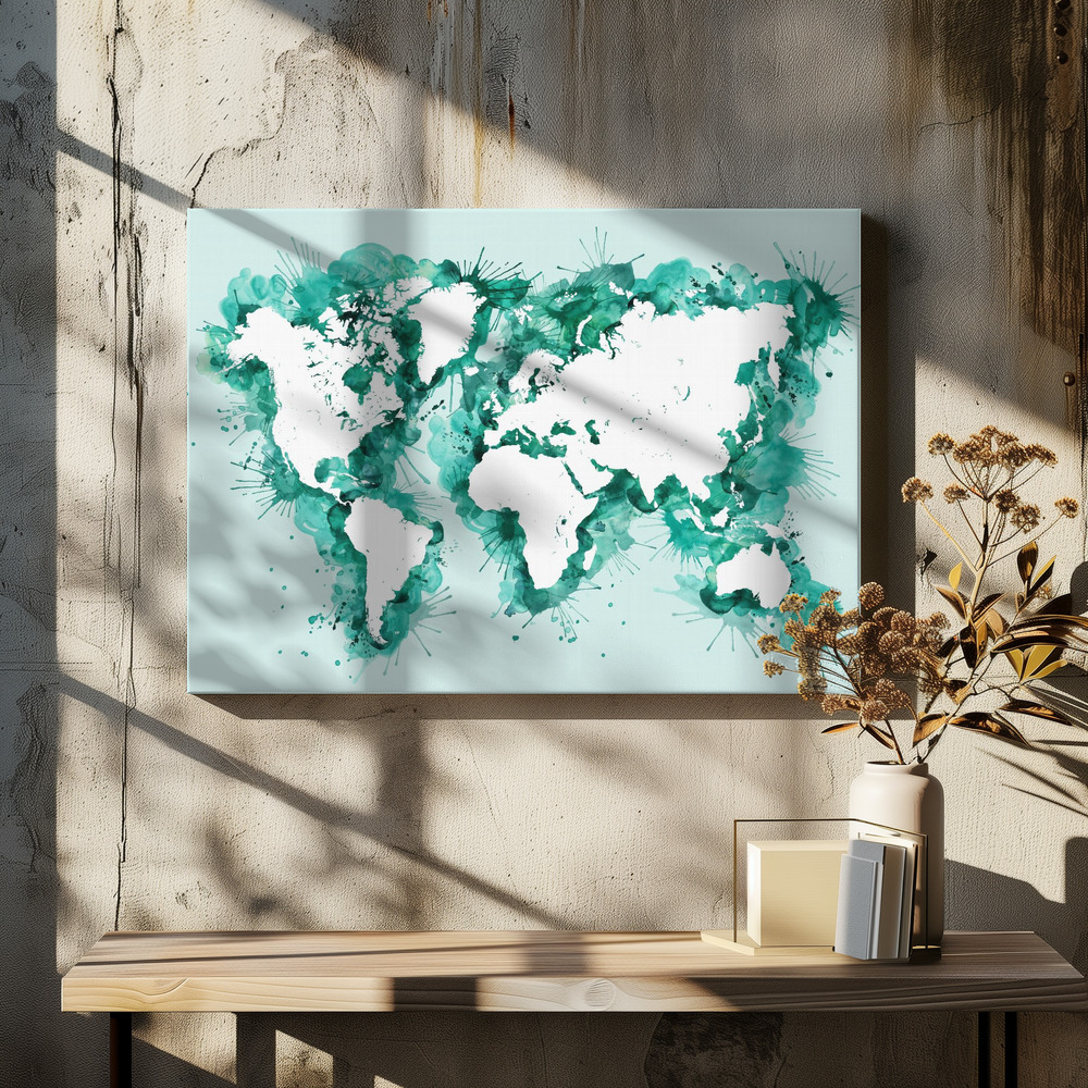 Stampe su tela - Teal strokes world map sopra il tavolo da pranzo