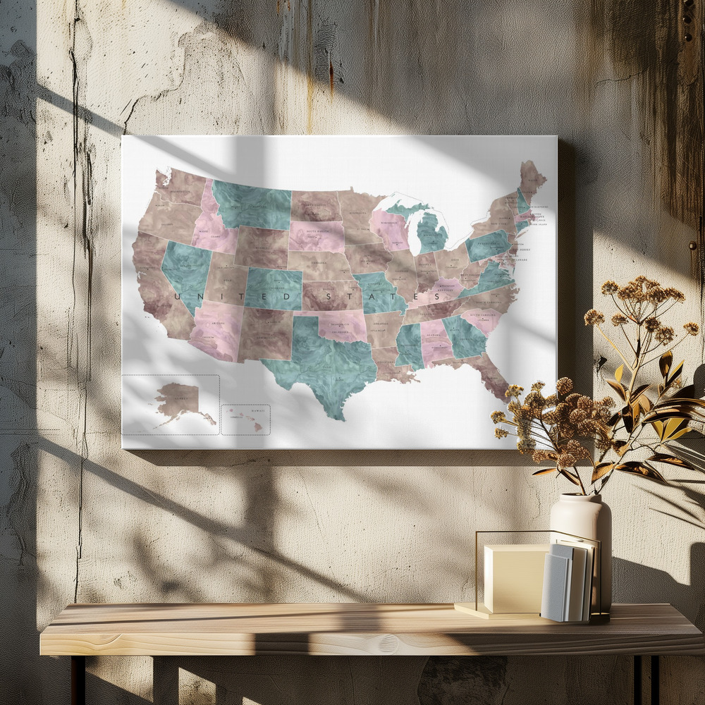 Canvastavla Pink and teal watercolor map of the US - Tavla över matbord