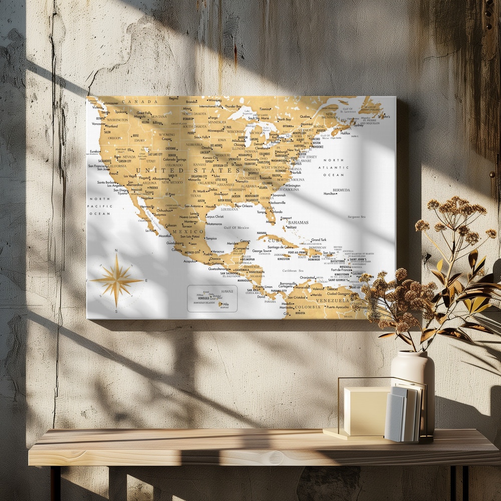 Obraz na płótnie - Golden map of USA and Mexico nad stołem jadalnym