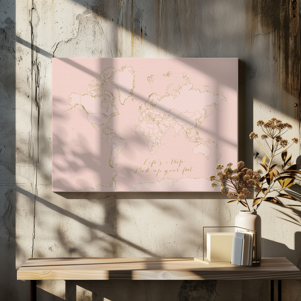 Canvas schilderi - Inspirational pink and gold world map boven eettafel
