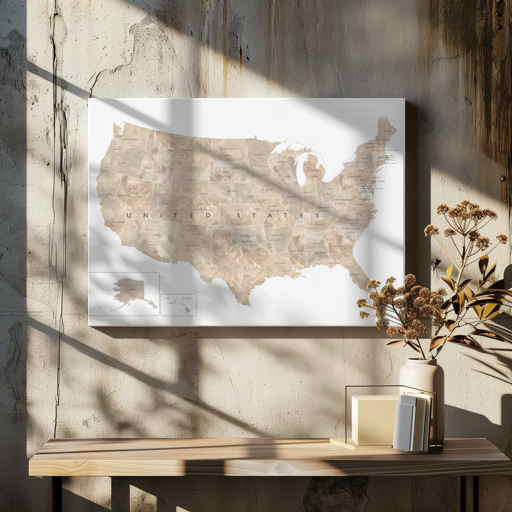 Stampe su tela - Taupe watercolor US map sopra il tavolo da pranzo