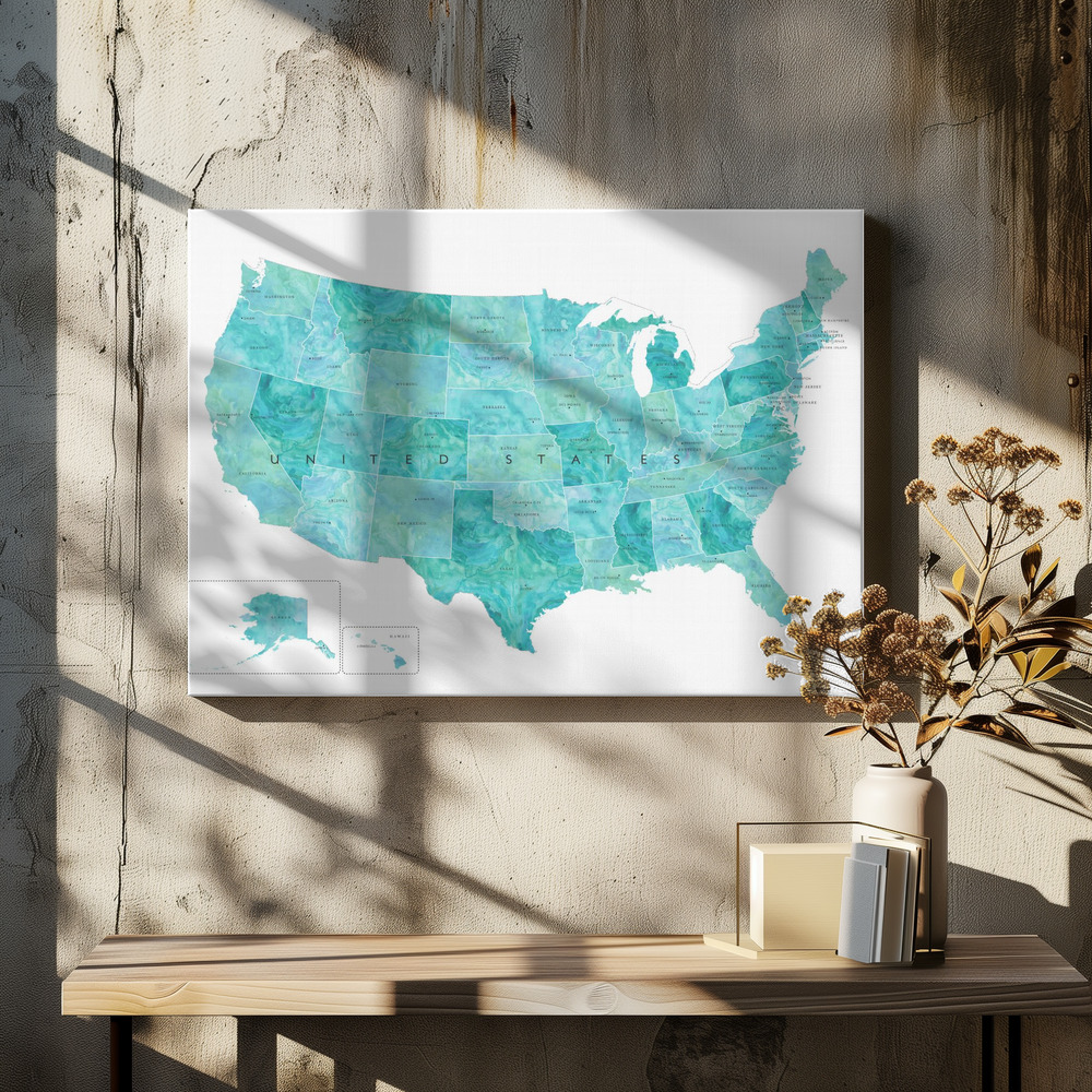 Canvas schilderi - Aquamarine watercolor US map boven eettafel