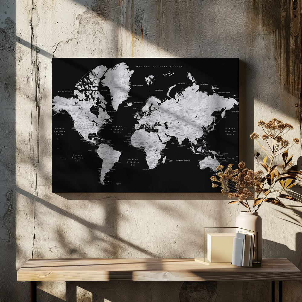 Stampe su tela - Eban world map in Spanish sopra il tavolo da pranzo