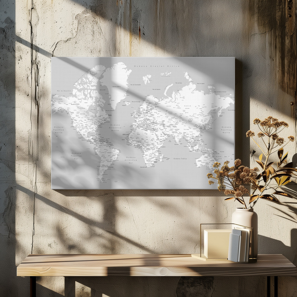 Stampe su tela - Hart world map in Spanish sopra il tavolo da pranzo
