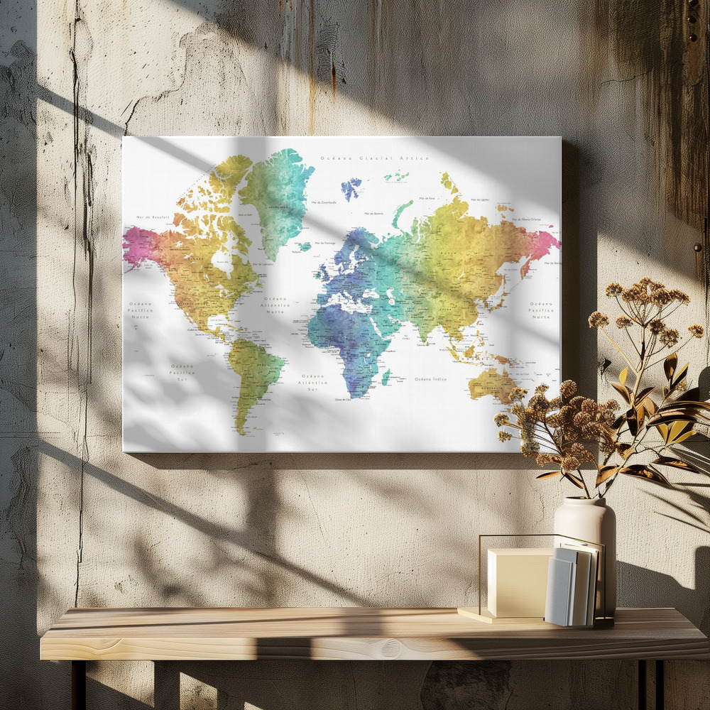 Stampe su tela - Jude world map in Spanish sopra il tavolo da pranzo