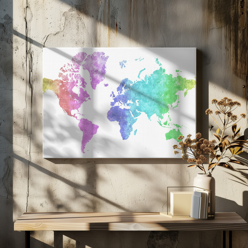Lærred - Jude watercolor world map over spisebordet