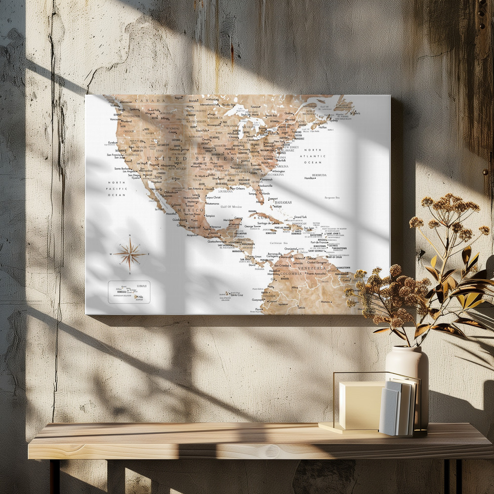 Stampe su tela - Neutral USA and the Caribbean sea map sopra il tavolo da pranzo