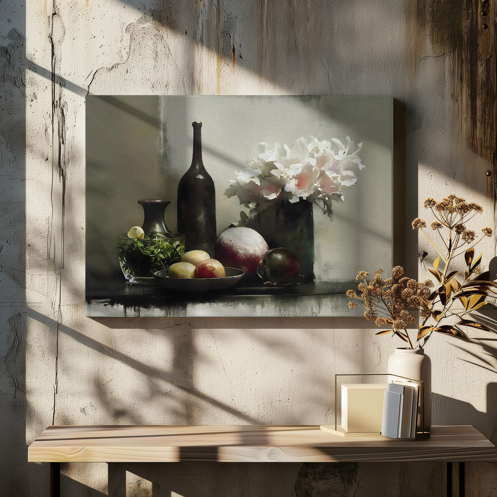 Stampe su tela - Stilllife With Black Bottle sopra il tavolo da pranzo