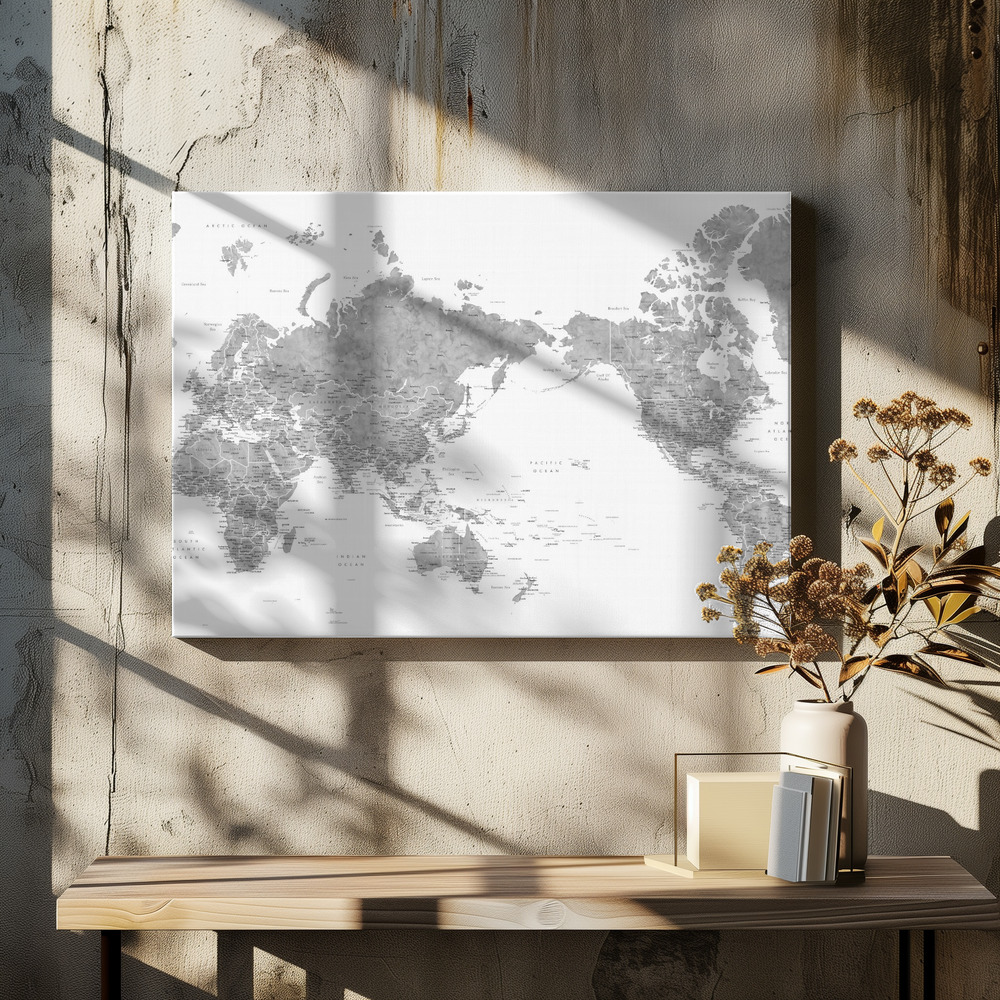 Canvas print - Pacific centered world map in gray watercolor over dining table