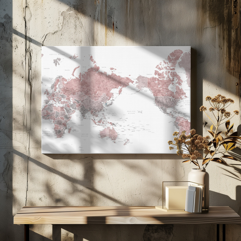 Obraz na płótnie - Pacific centered world map in dusty pink nad stołem jadalnym