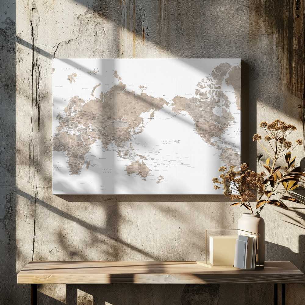 Obraz na płótnie - Pacific centered world map in taupe nad stołem jadalnym