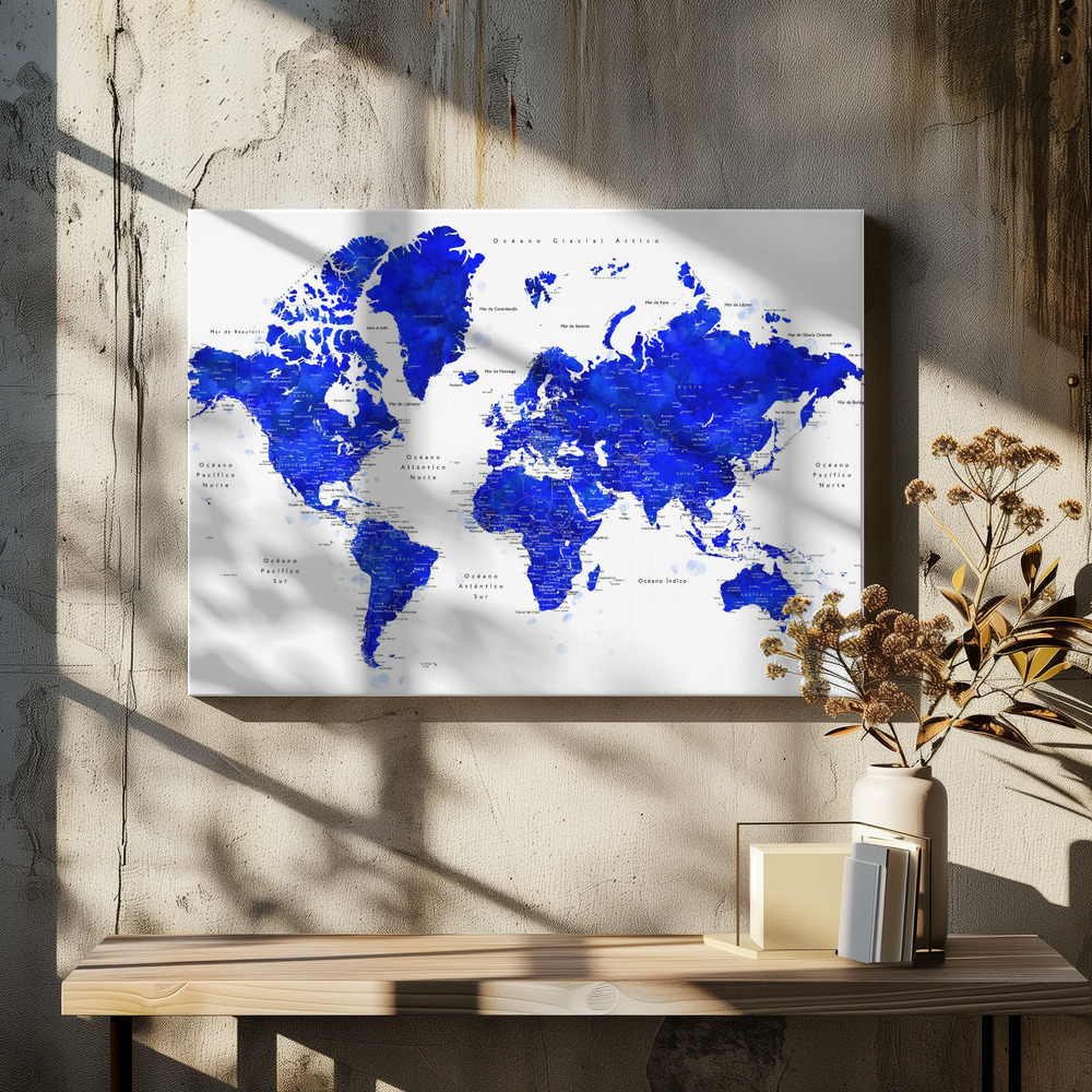 Stampe su tela - Nadiin world map in Spanish sopra il tavolo da pranzo
