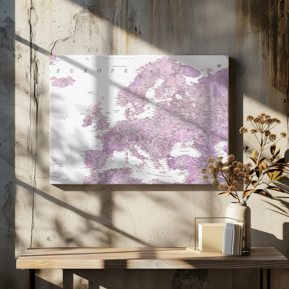Canvas print - Purple detailed map of Europe over dining table