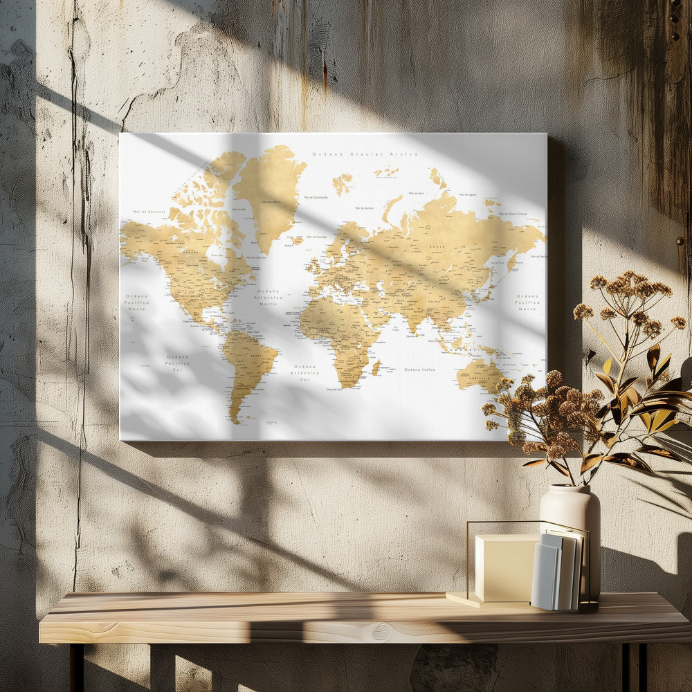 Lærred - Rossie world map in Spanish over spisebordet