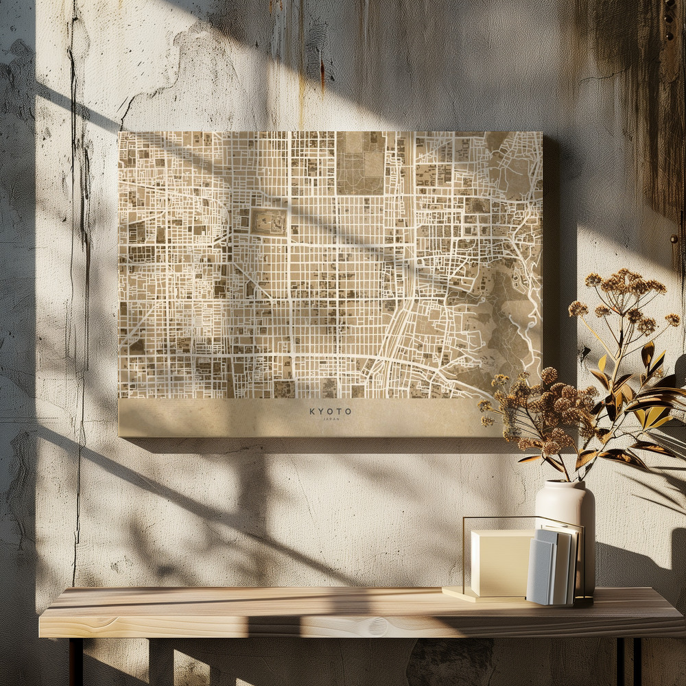 Lærred - Sepia map of Kyoto over spisebordet
