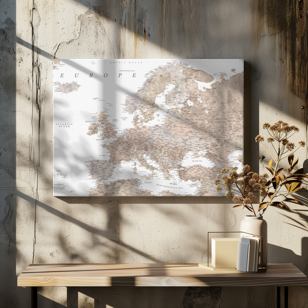 Lærred - Taupe detailed map of Europe over spisebordet